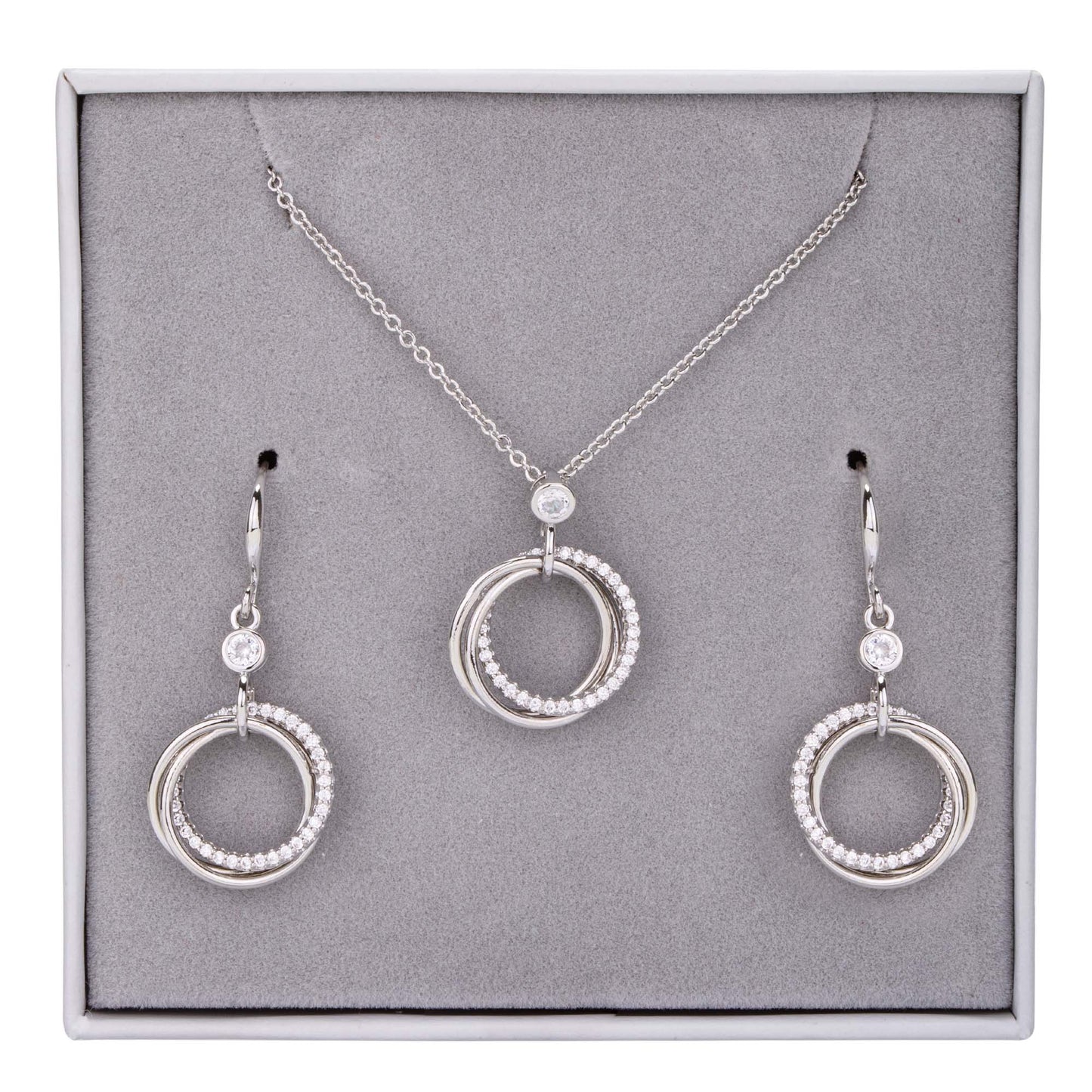 Boxed Crystal Intertwined Rings Pendant Necklace & Earrings Set