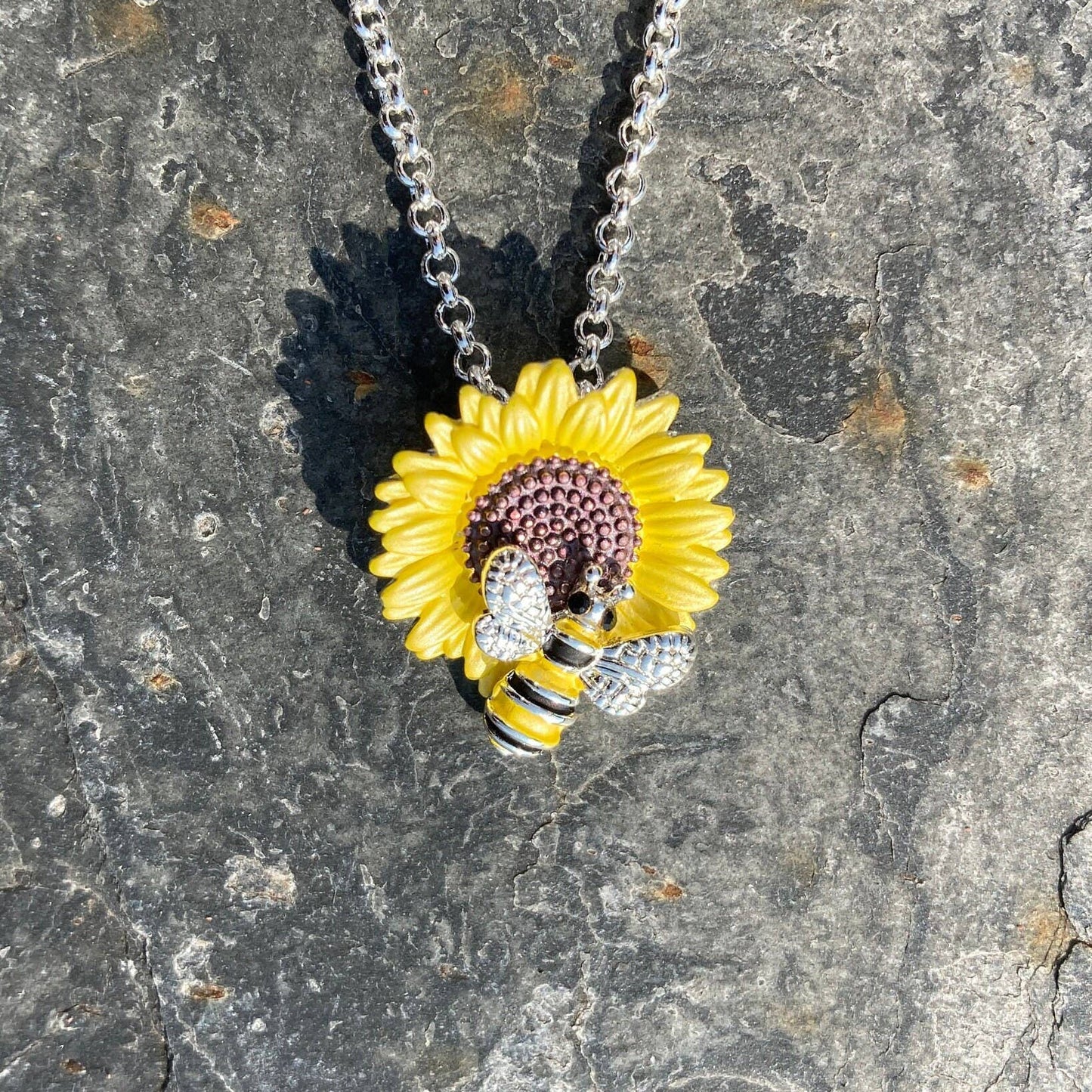 Sunflower With Bee Yellow Flower Pendant Necklace