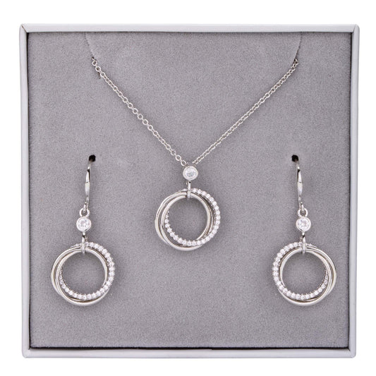 Boxed Crystal Intertwined Rings Pendant Necklace & Earrings Set