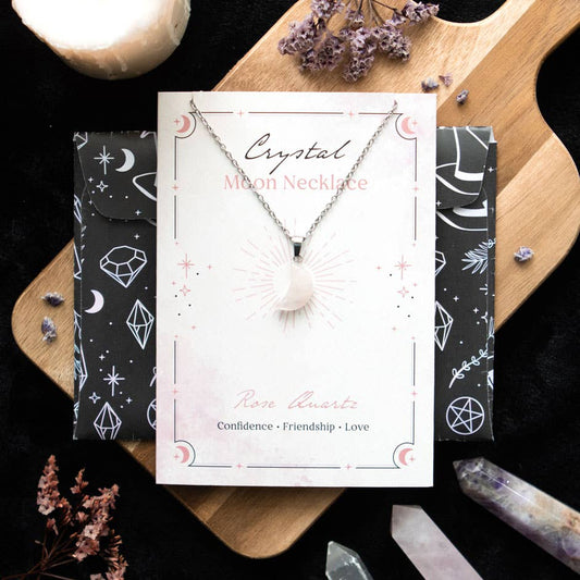 Greeting Card - Rose Quartz Crystal Moon Necklace