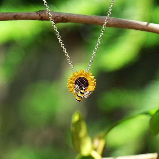 Sunflower With Bee Yellow Flower Pendant Necklace